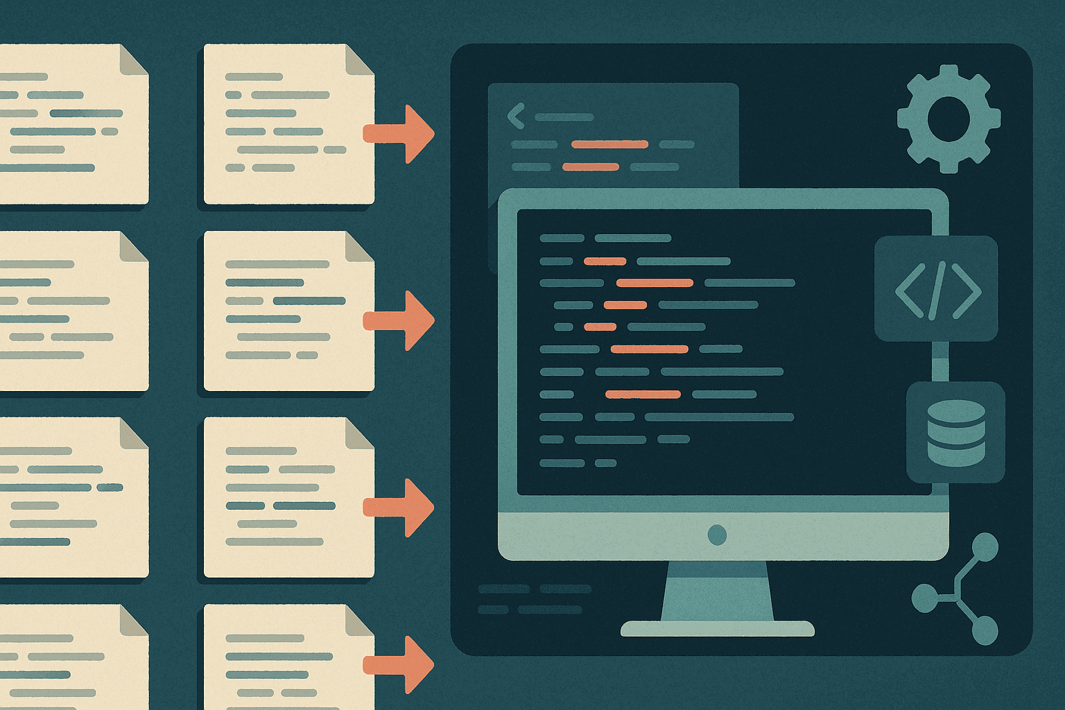 Illustration showing interconnected workflow nodes and code symbols transforming into streamlined processes.