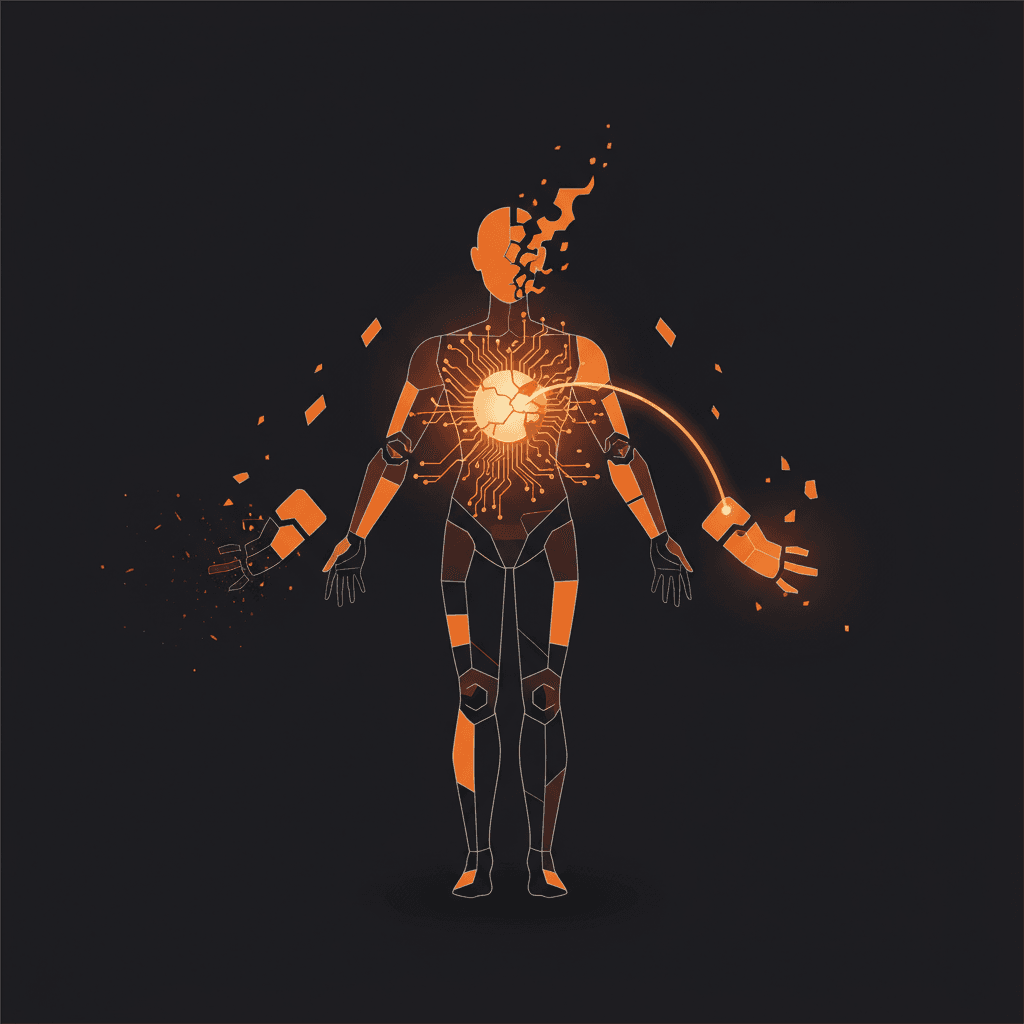 Abstract illustration of a glowing fire-orange circuit or recovery path emerging from darkness, symbolizing AI resilience and