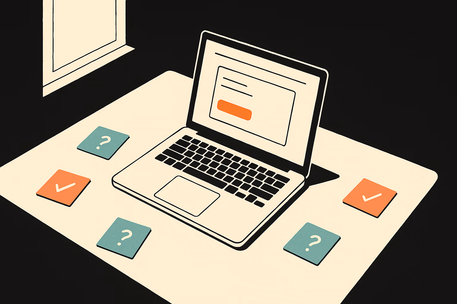 Overhead view of a minimal desk with a laptop showing a landing page surrounded by sticky notes with checkmarks