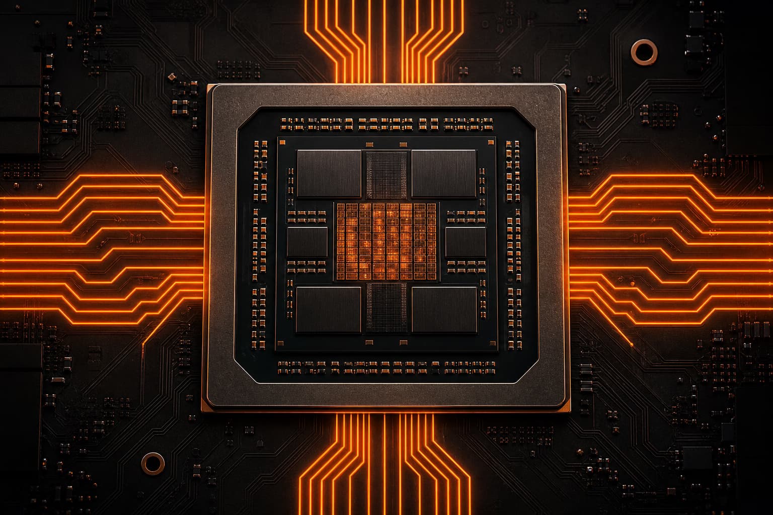 Editorial illustration of an AMD Ryzen AI APU die with unified memory channels glowing in fire orange against a near-black background.