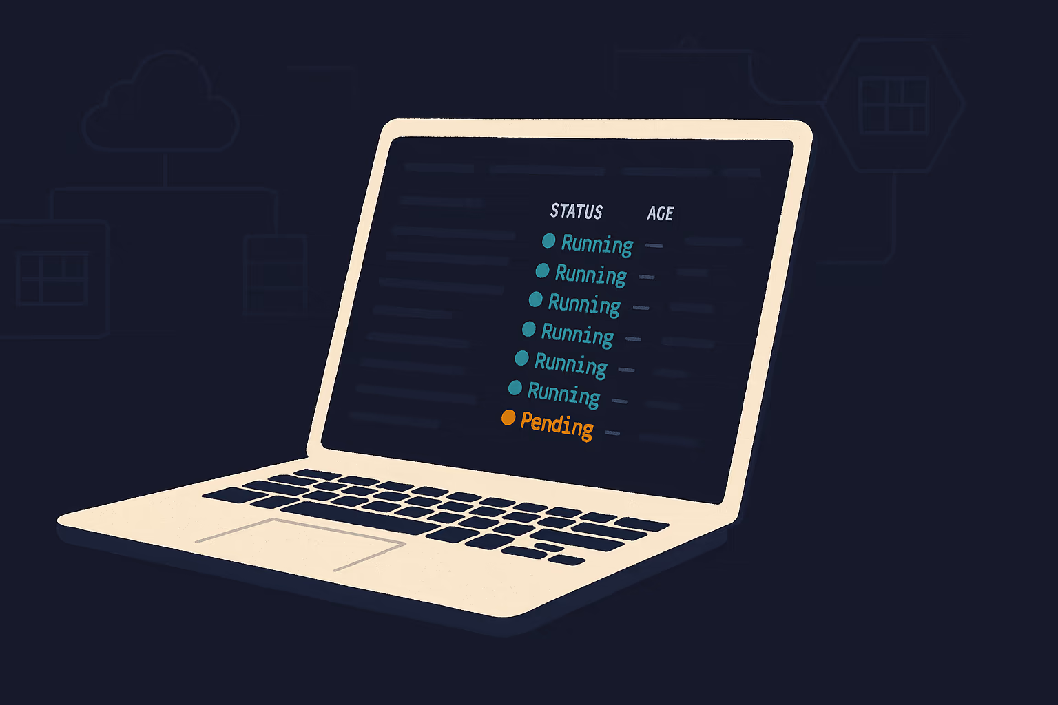 A terminal screen showing Kubernetes pod status during a failed rolling update with diagnostic output