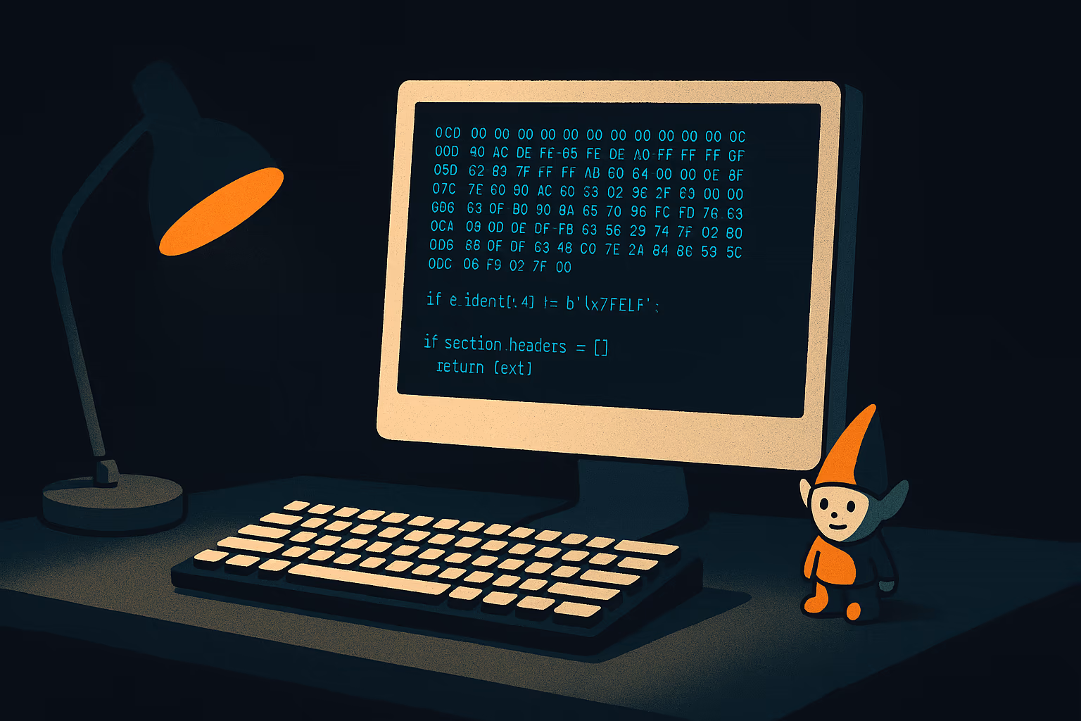 A developer workstation showing binary hex data flowing through a Python terminal with colorful section headers