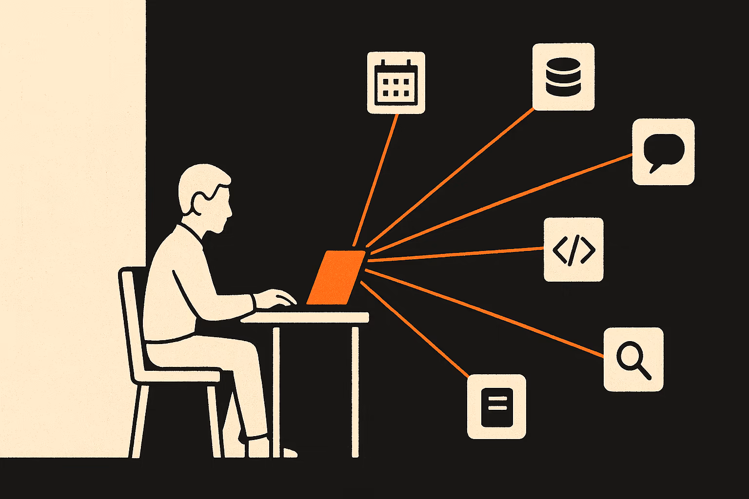 Illustration of an AI agent connecting to Notion, Slack, GitHub, and a database through a single MCP socket.
