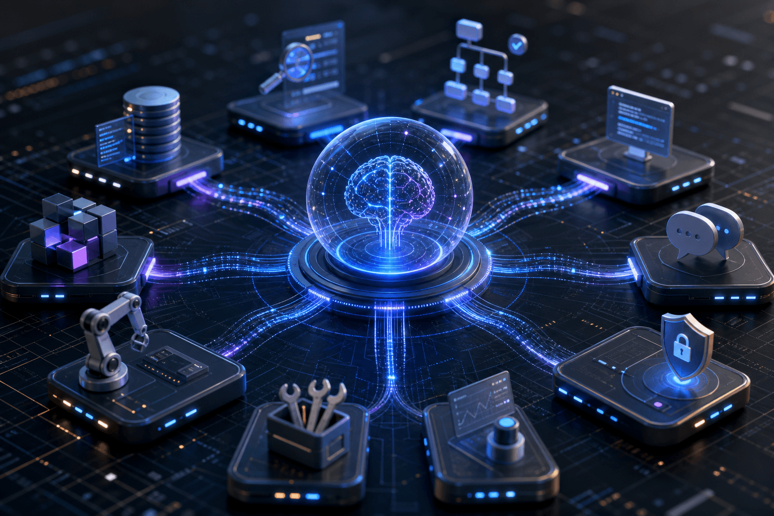 Abstract digital network of interconnected nodes and pathways representing AI agent frameworks and systems.