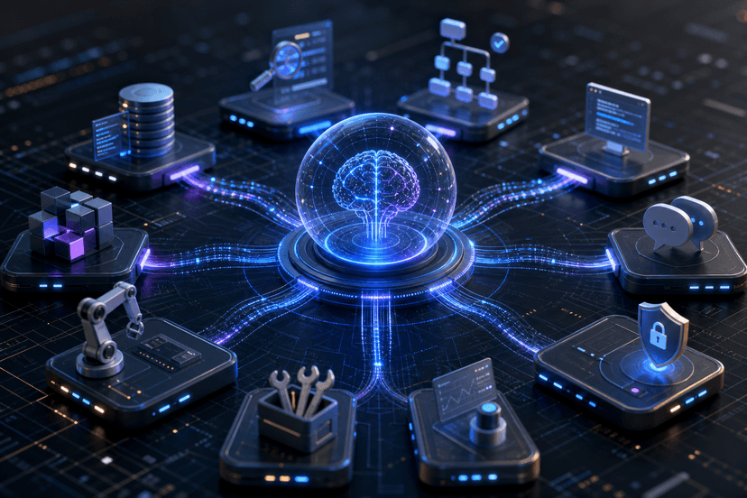 Abstract digital network of interconnected nodes and pathways representing AI agent frameworks and systems.