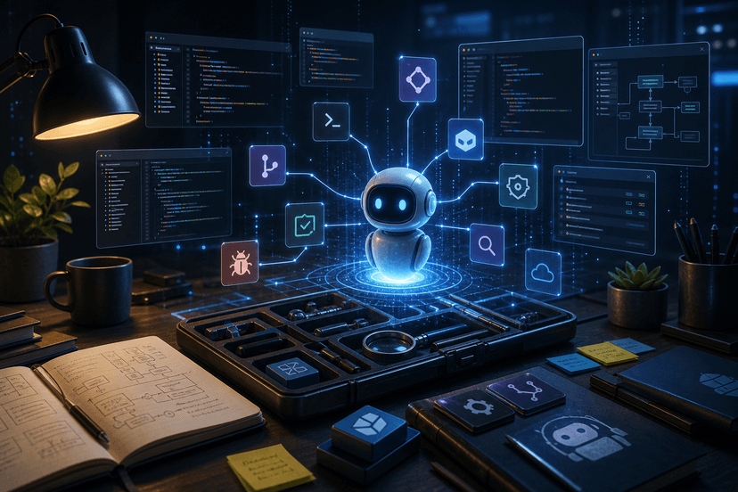 Digital illustration of interconnected coding nodes and AI pathways flowing across a modern workspace.