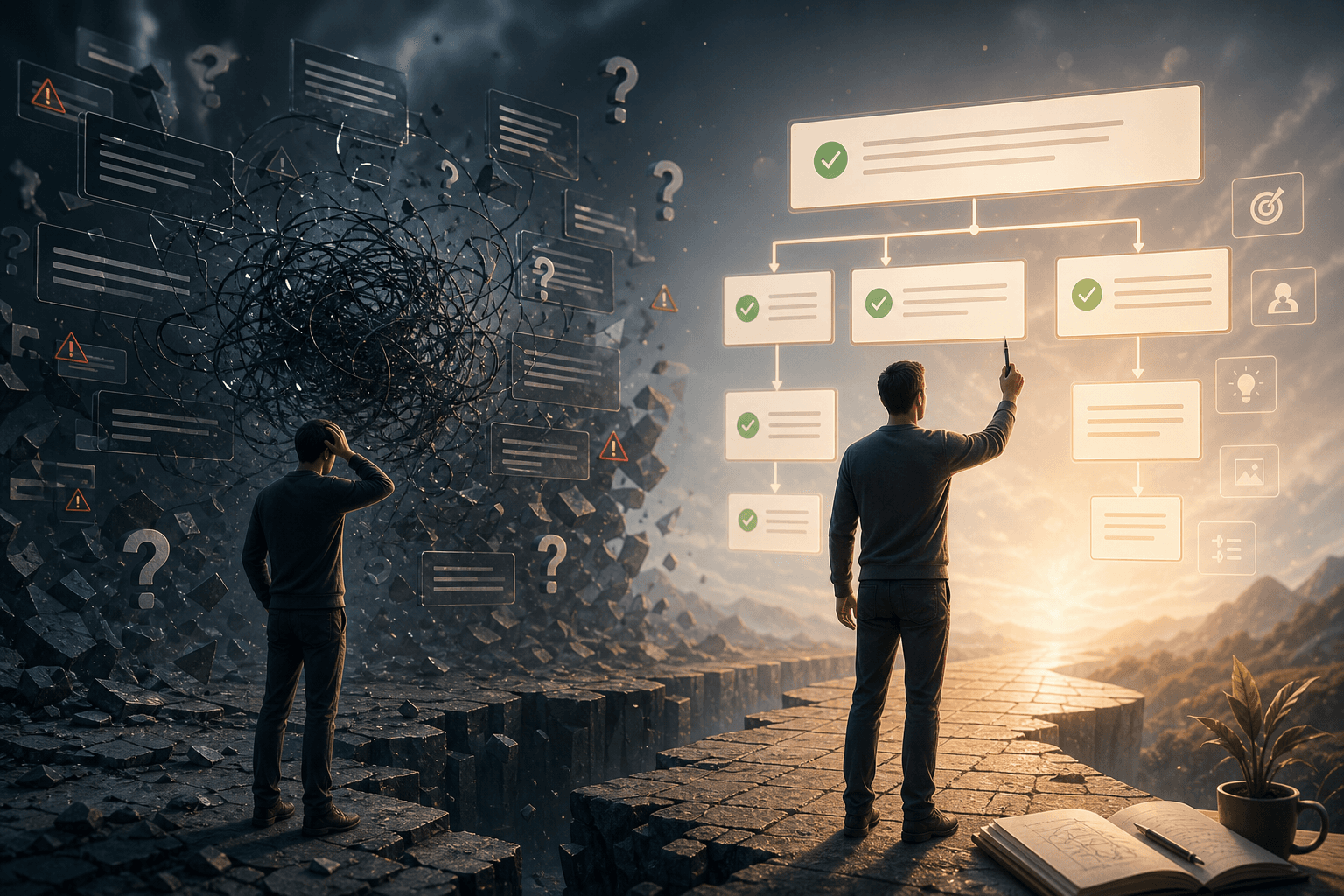 A tangled red string unraveling into a clear blue line against a white background, symbolizing problem-solving.