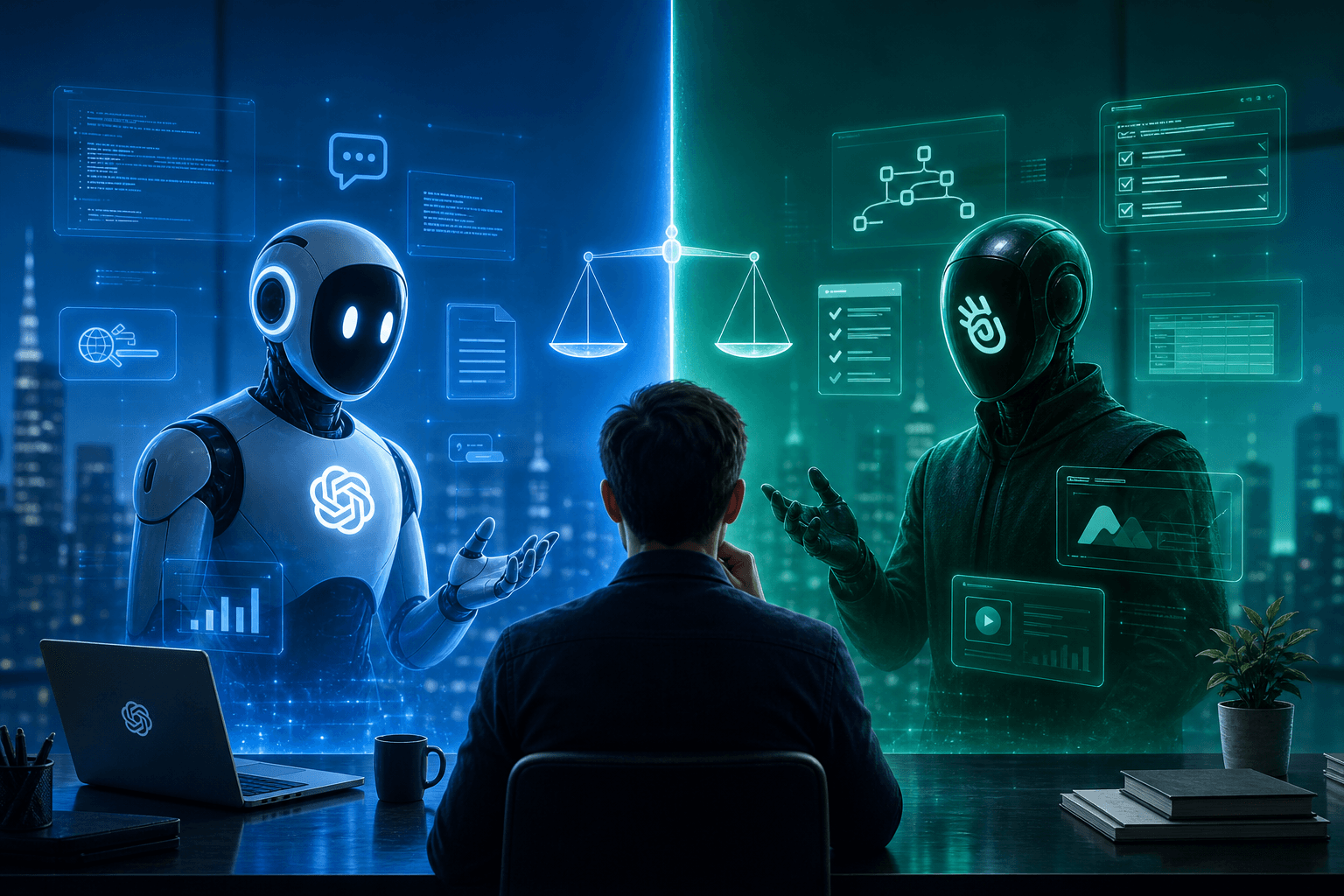 Two AI agents facing each other in a digital landscape, symbolizing comparison and competition in artificial intelligence.
