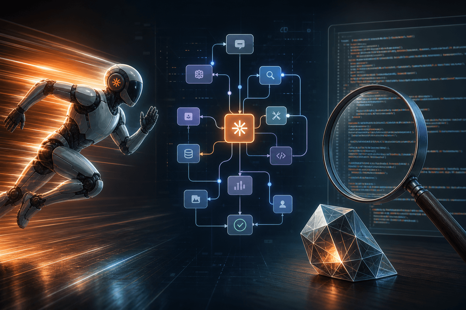 Abstract visualization of interconnected nodes and flowing data streams representing AI processing speed and intelligent w…