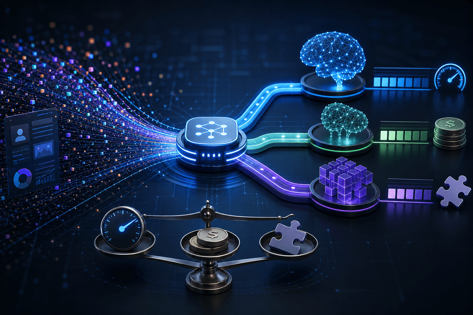 Abstract visualization of interconnected pathways and nodes representing AI model selection and optimization routes.