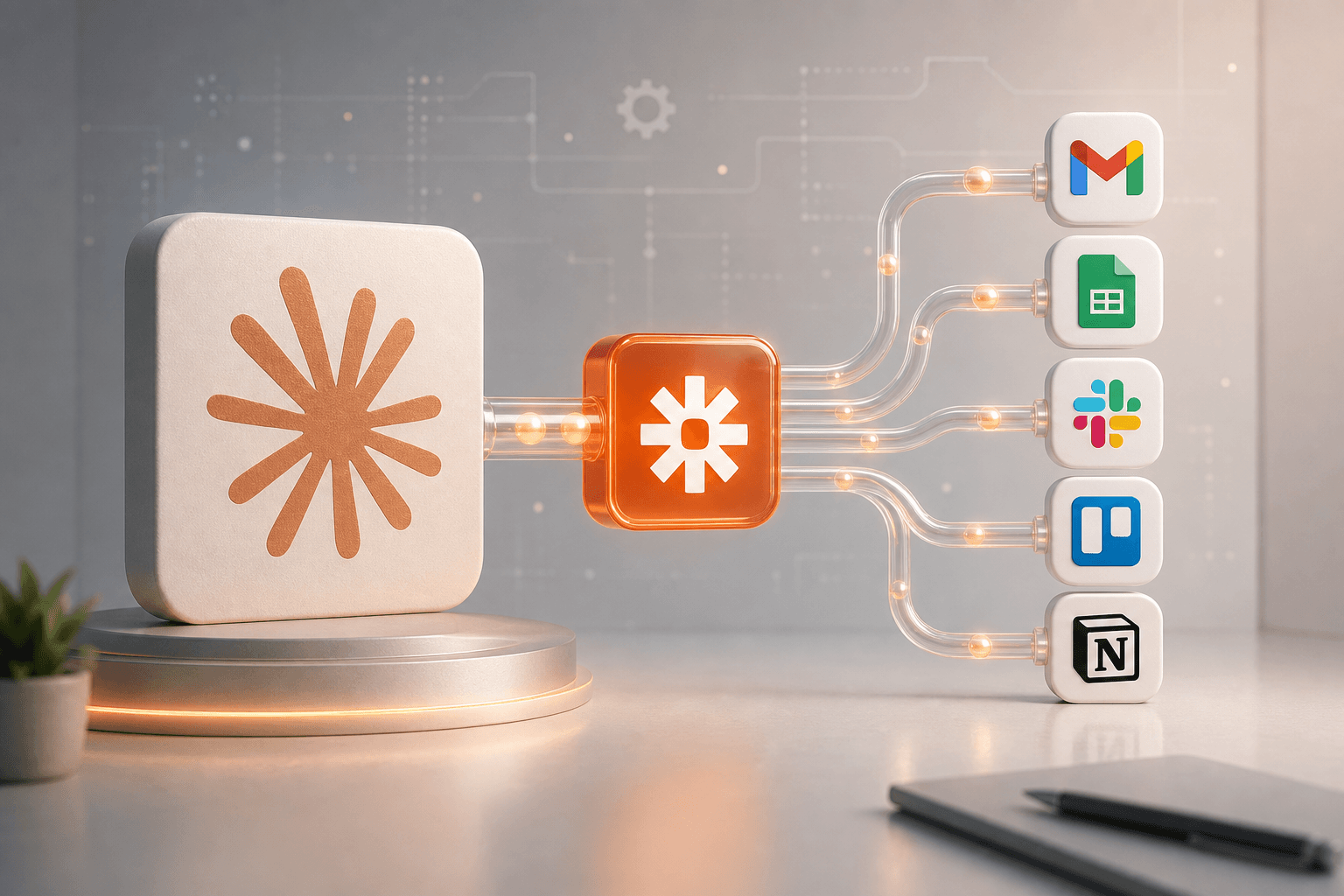 Interconnected digital workflow nodes and automation paths flowing between AI and integration icons.