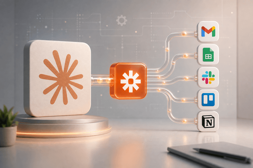Interconnected digital workflow nodes and automation paths flowing between AI and integration icons.