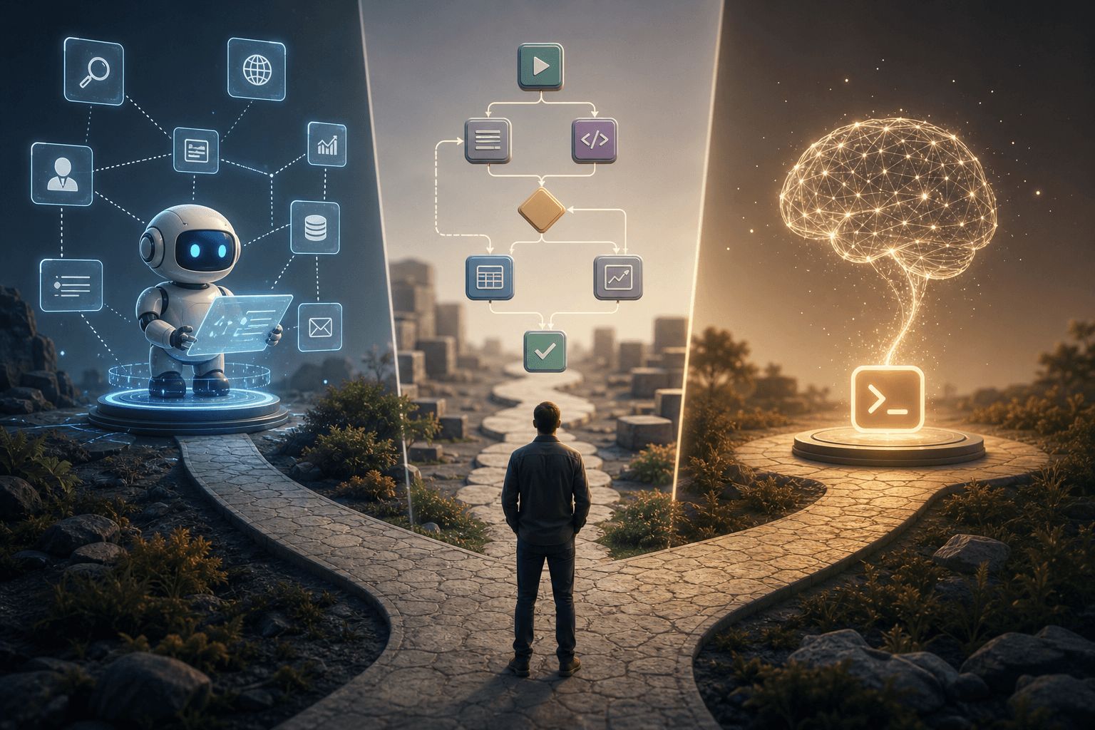 Three distinct pathways branching from a central AI core, representing different AI solution approaches.