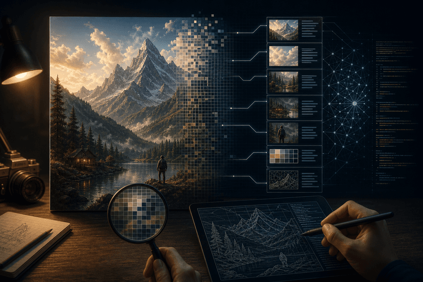 Abstract digital illustration showing layered code and visual elements deconstructing into text prompts.