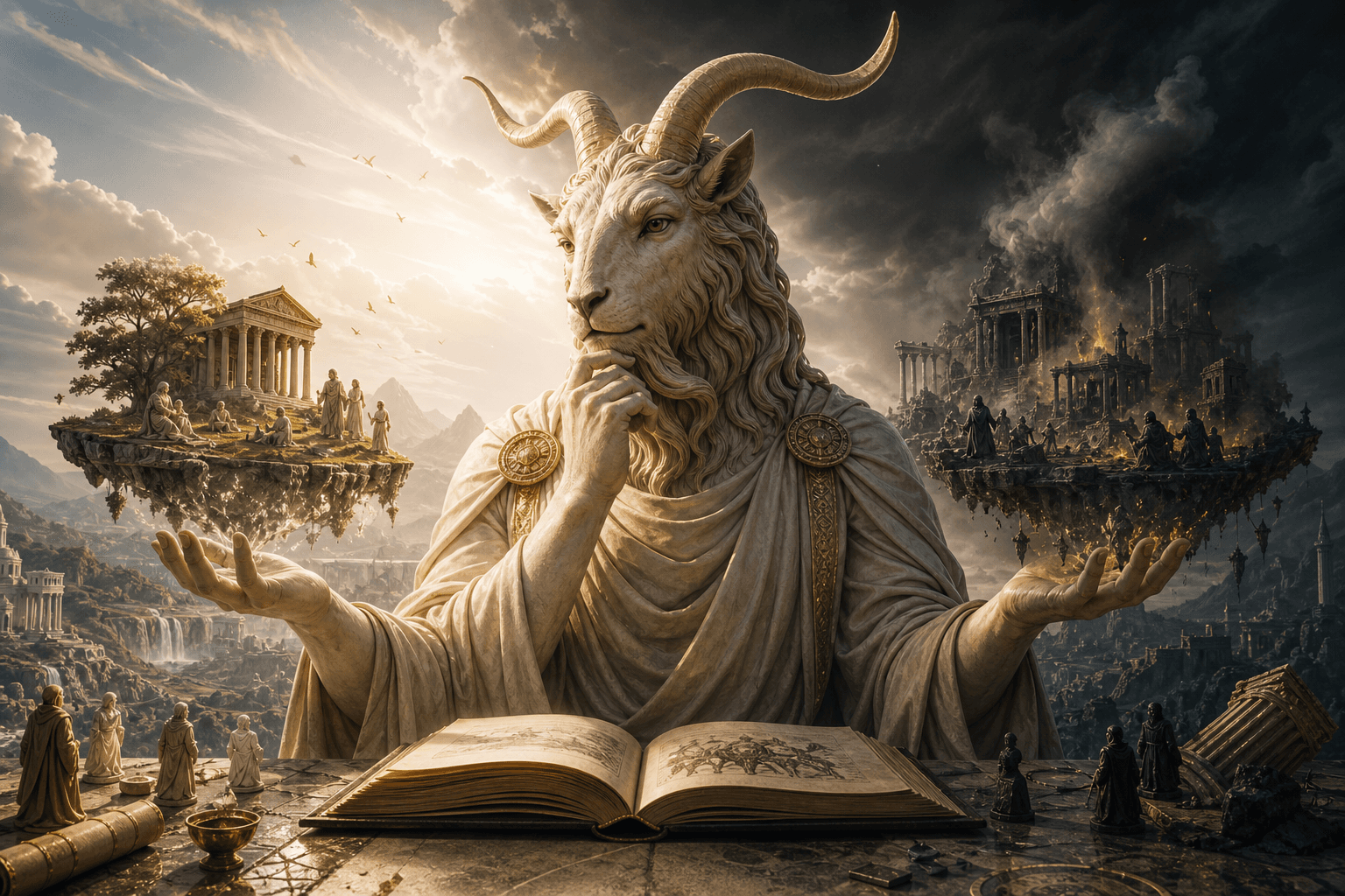Abstract illustration of interconnected light and shadow elements representing AI intelligence and mythology blending toge…