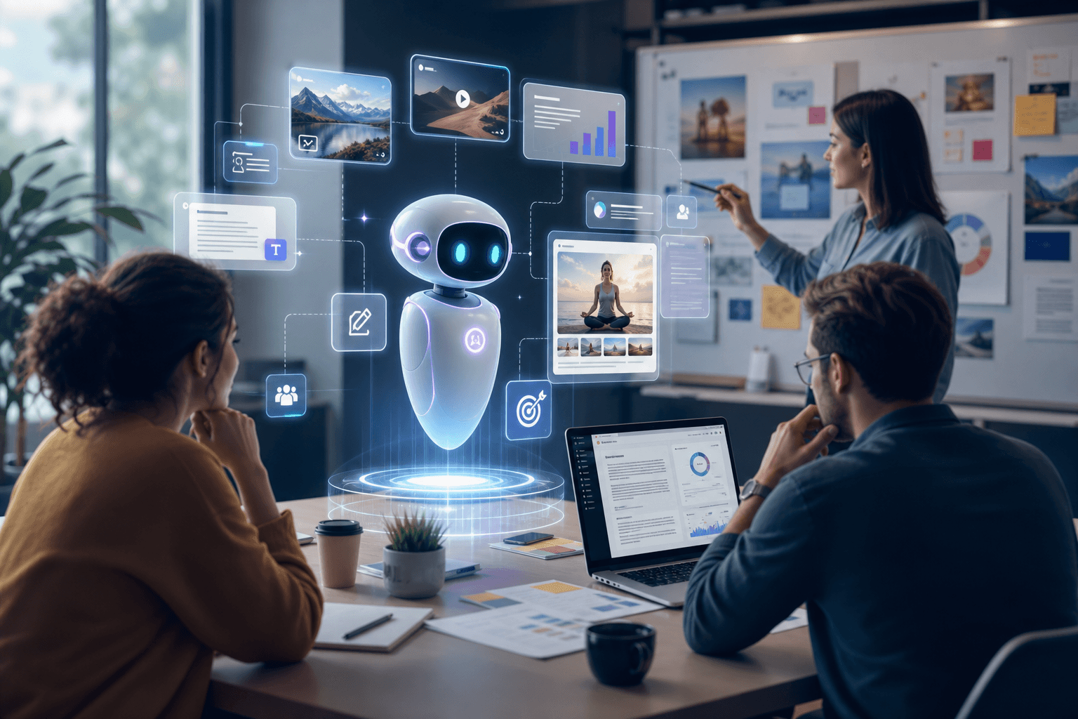 Futuristic digital workspace showing AI-generated content flowing across interconnected screens and networks.