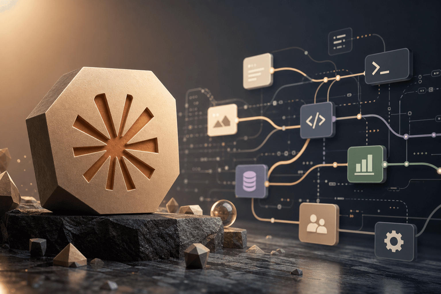 Abstract digital workflow visualization with interconnected nodes and flowing data streams representing intelligent automa…