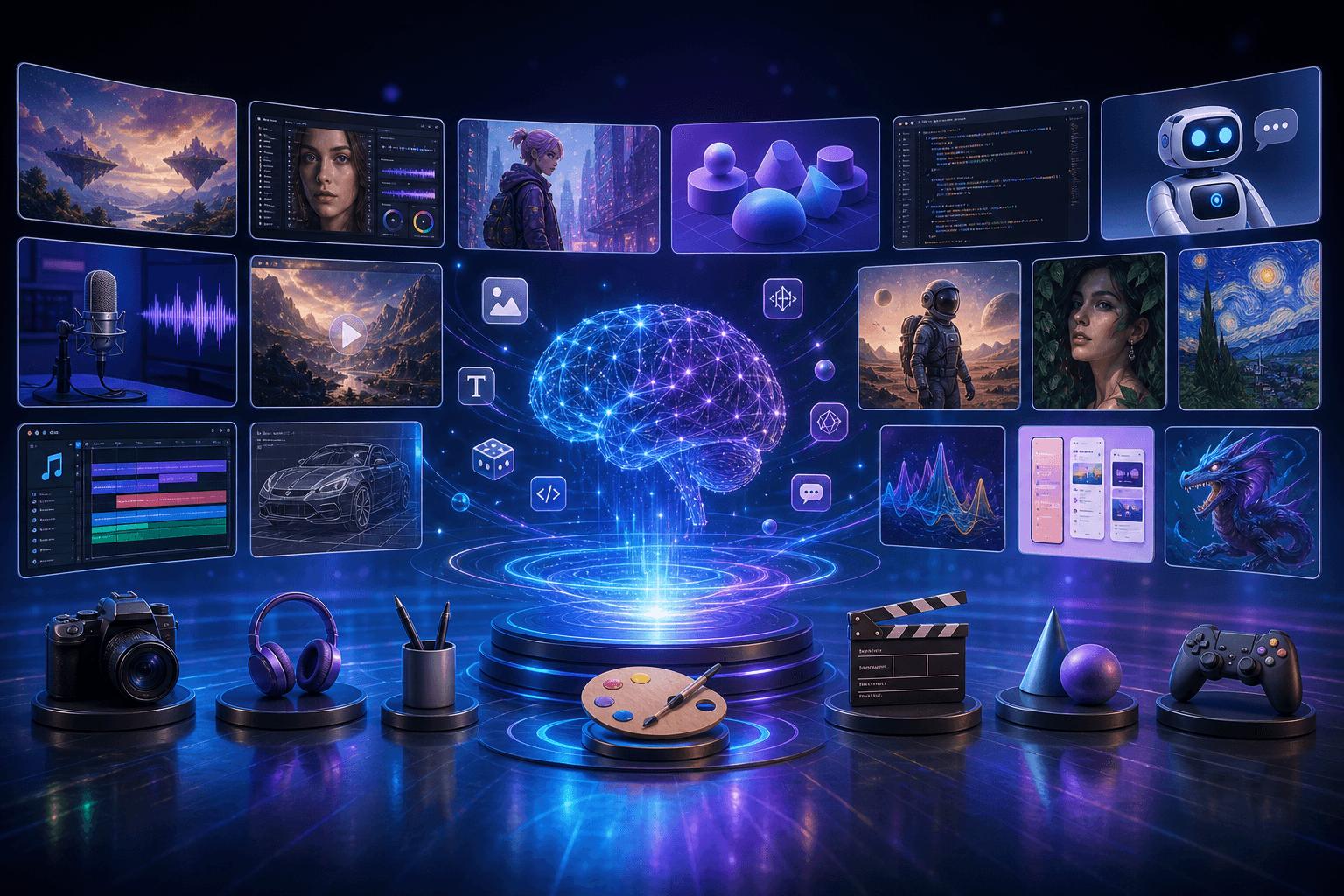 Colorful digital interface showing interconnected AI tools and data streams representing various generative technology app…