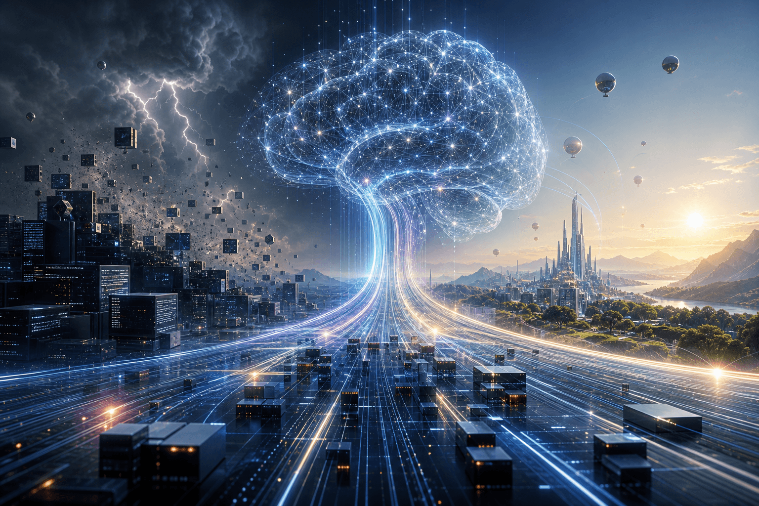 Abstract visualization of interconnected neural networks evolving through time, showing transformation and growth.