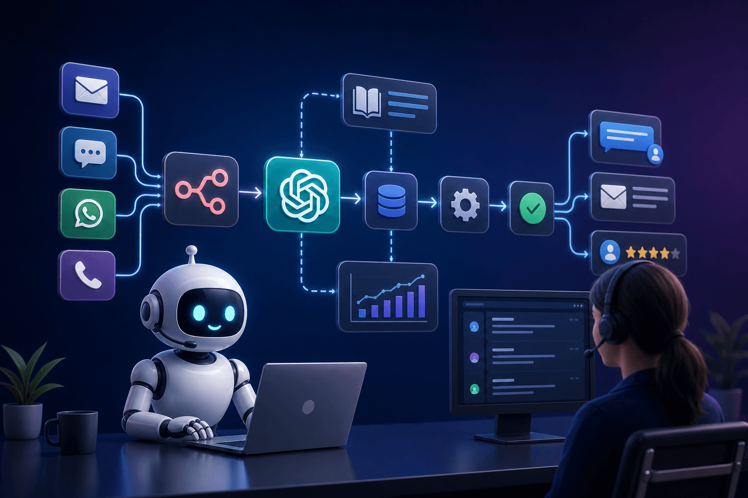 Digital workflow visualization showing interconnected nodes and AI technology representing automated customer support syst…