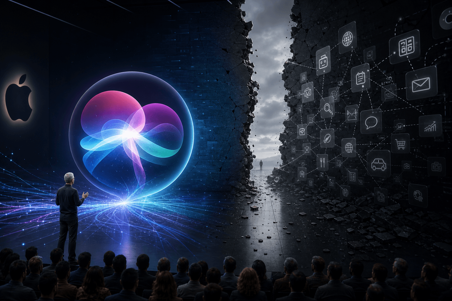 Abstract digital interface showing Siri's voice assistant icon amid fragmented AI agent silhouettes, symbolizing gaps in c…