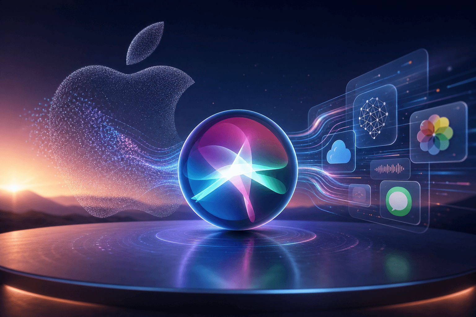 Abstract visualization of voice waves transforming into digital neural networks representing Siri's AI redesign.