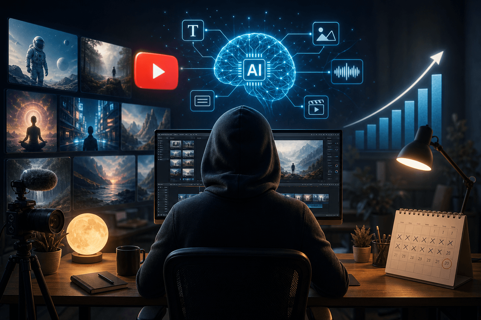 Abstract digital illustration showing AI technology, video creation tools, and a calendar timeline representing the 30-day…