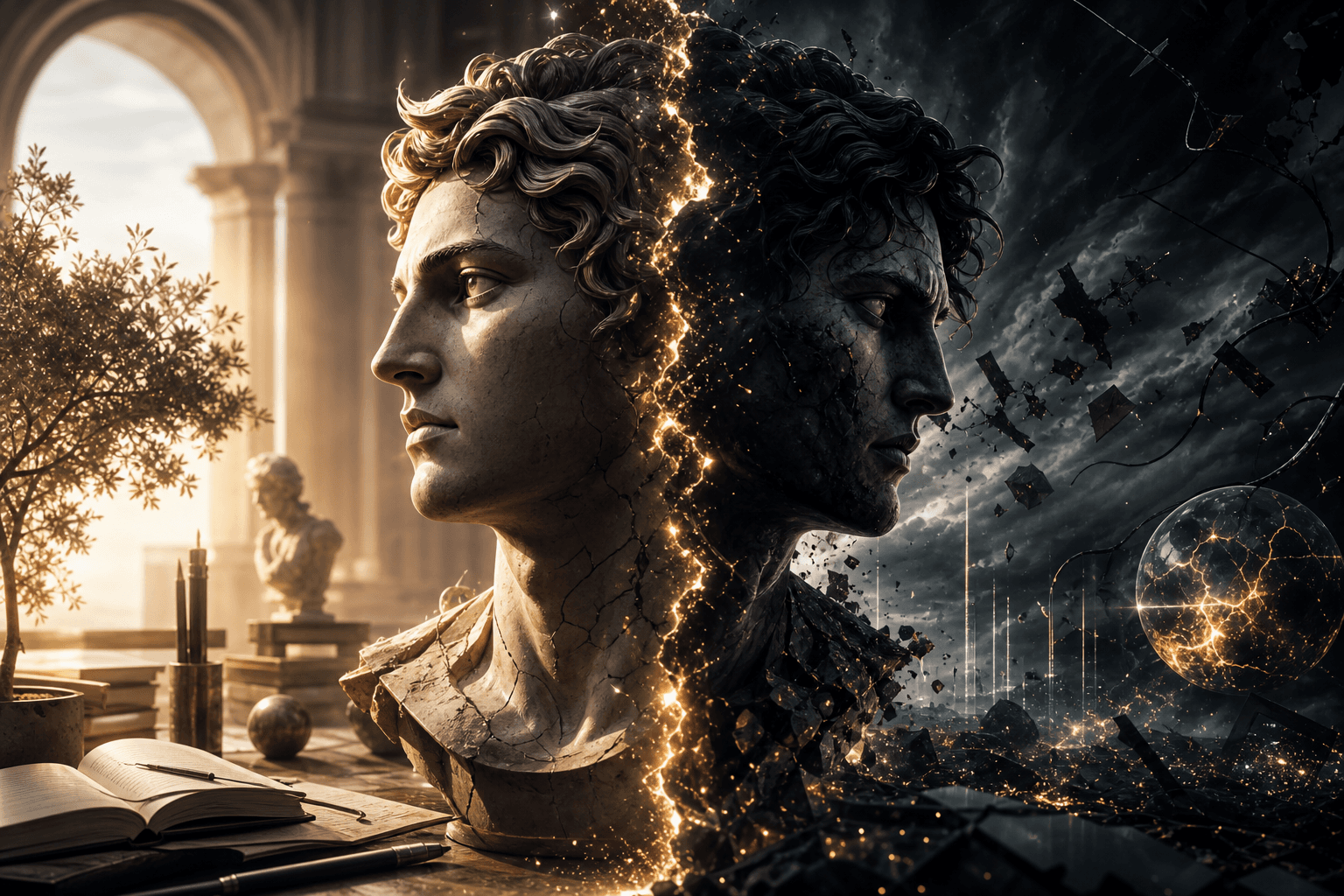 Split silhouette merging classical mythology with modern AI architecture, symbolizing dual behaviors in one entity.