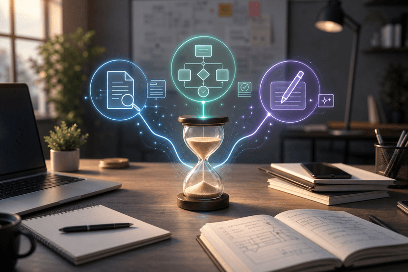 Illustration of interconnected gears and clock symbols representing automated AI processes saving time.