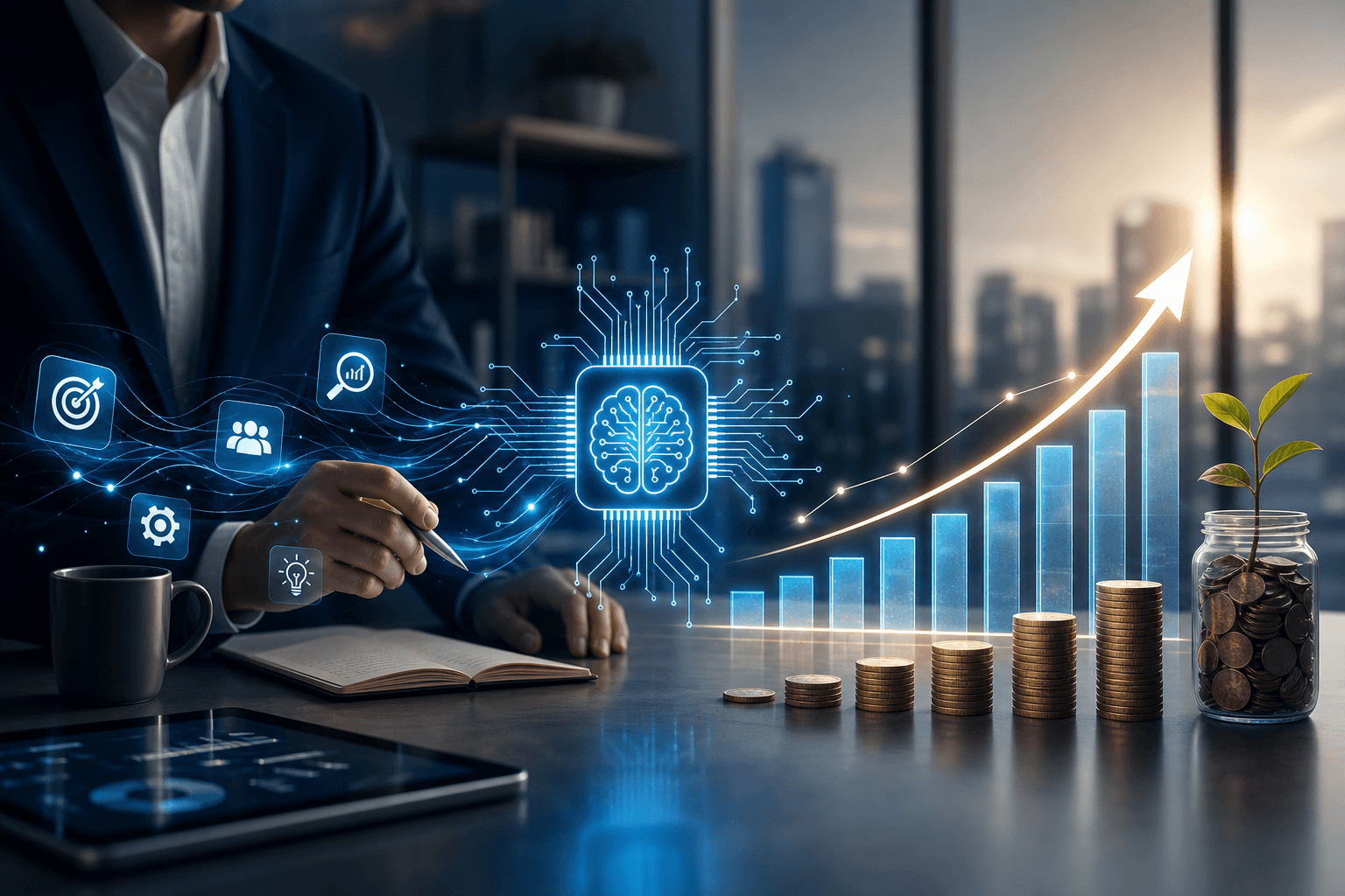 Abstract visualization of growth upward with interconnected nodes and efficient pathways representing smart AI investment …