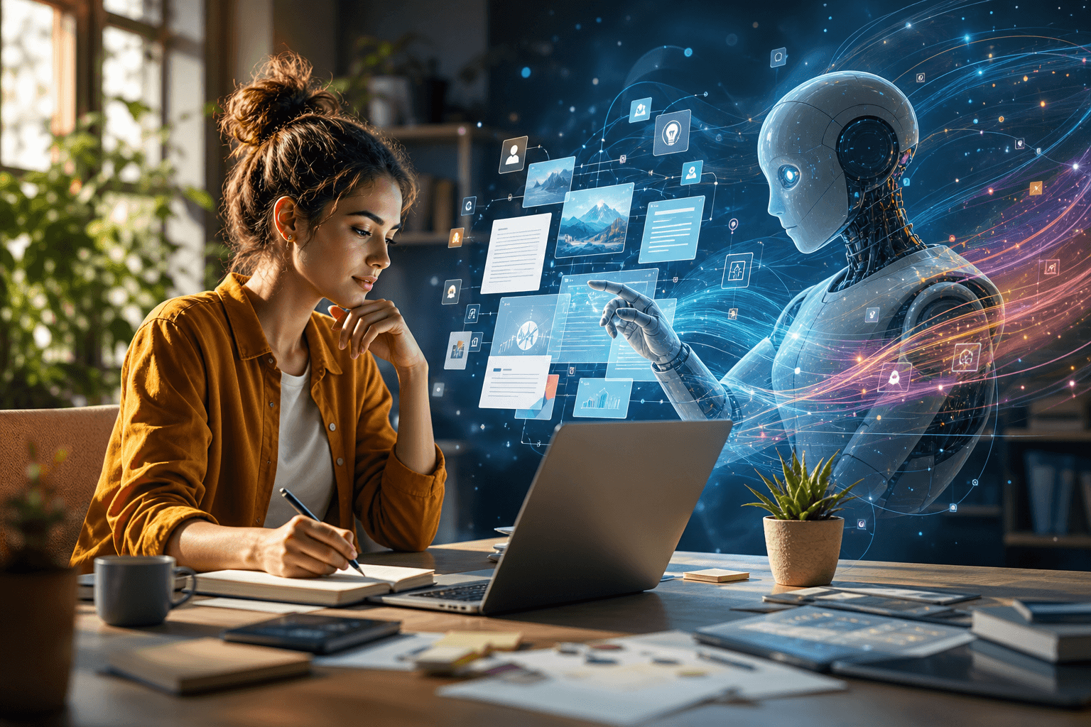Glowing digital nodes and flowing data streams interconnect around a human silhouette working with AI-powered technology.