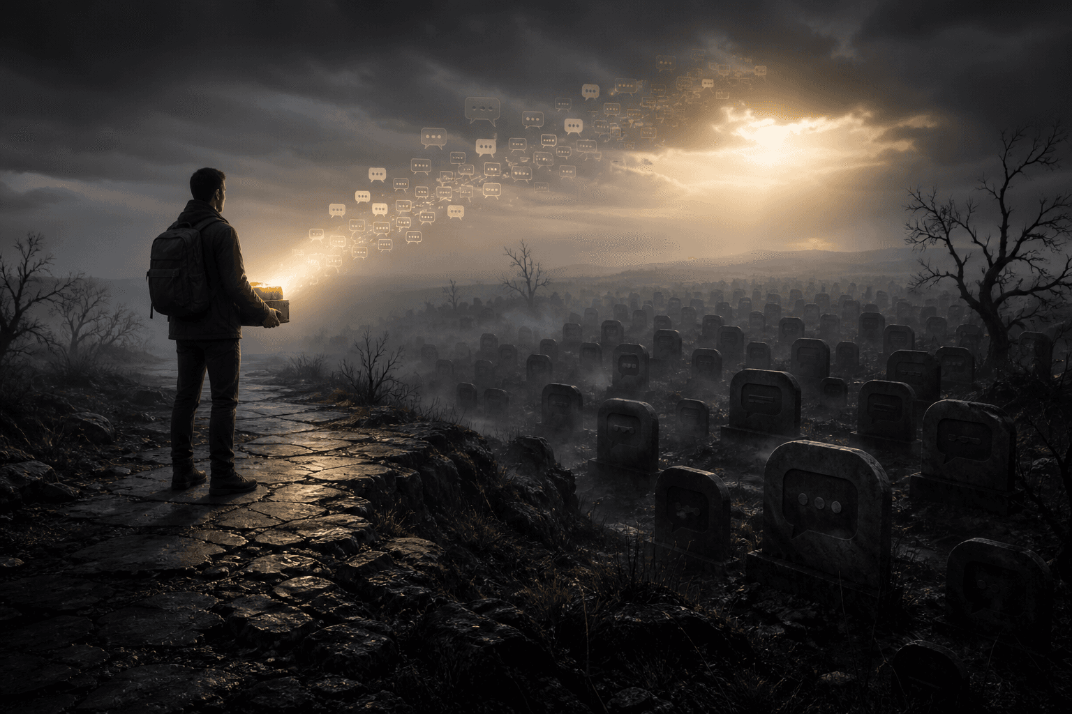 Digital messages fade into darkness as a glowing conversation bubble dissolves into shadowy digital ruins.