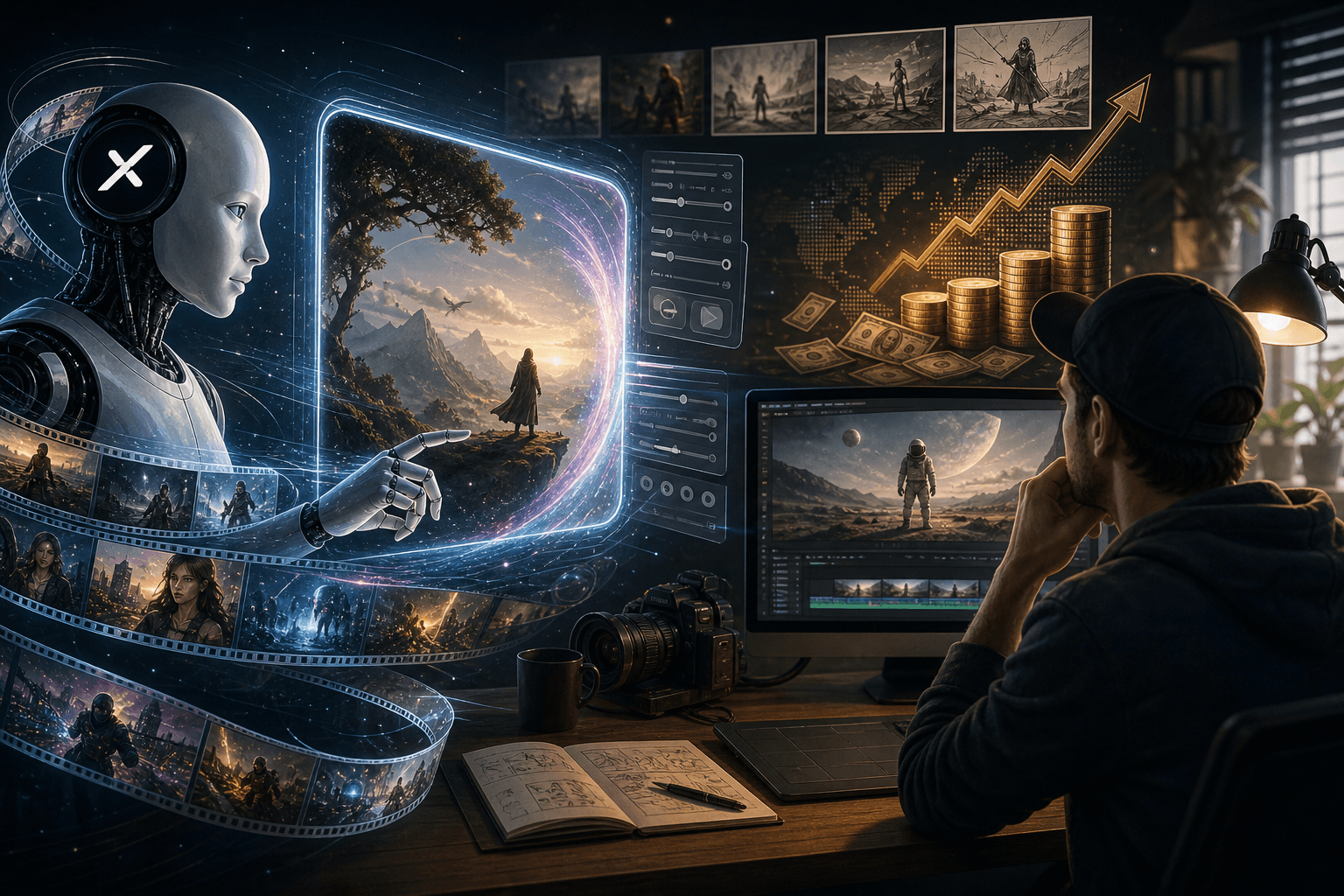Digital artist's hands manipulating glowing video frames and AI-generated imagery on a futuristic interface.