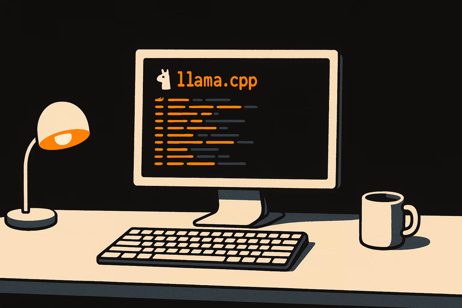 A glowing terminal window showing llama.cpp compilation output on a developer workstation
