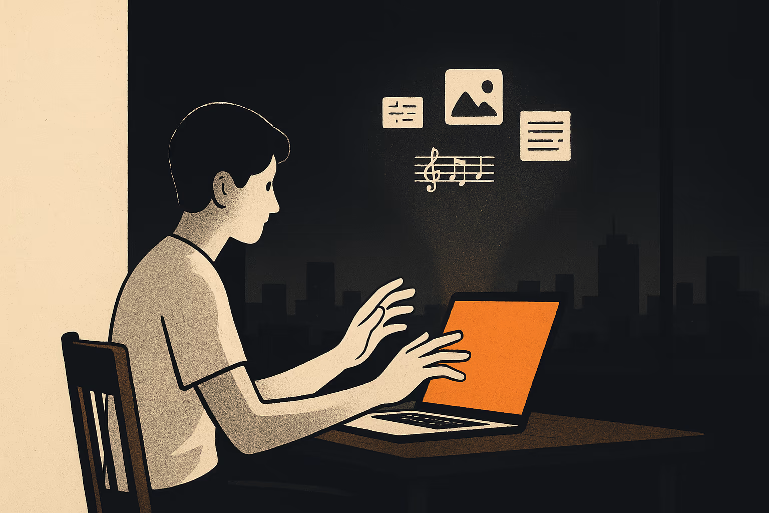 Editorial illustration of a person typing into a chat interface while words, images, and code stream out the other side, depicting generative AI as a tool that turns prompts into media.
