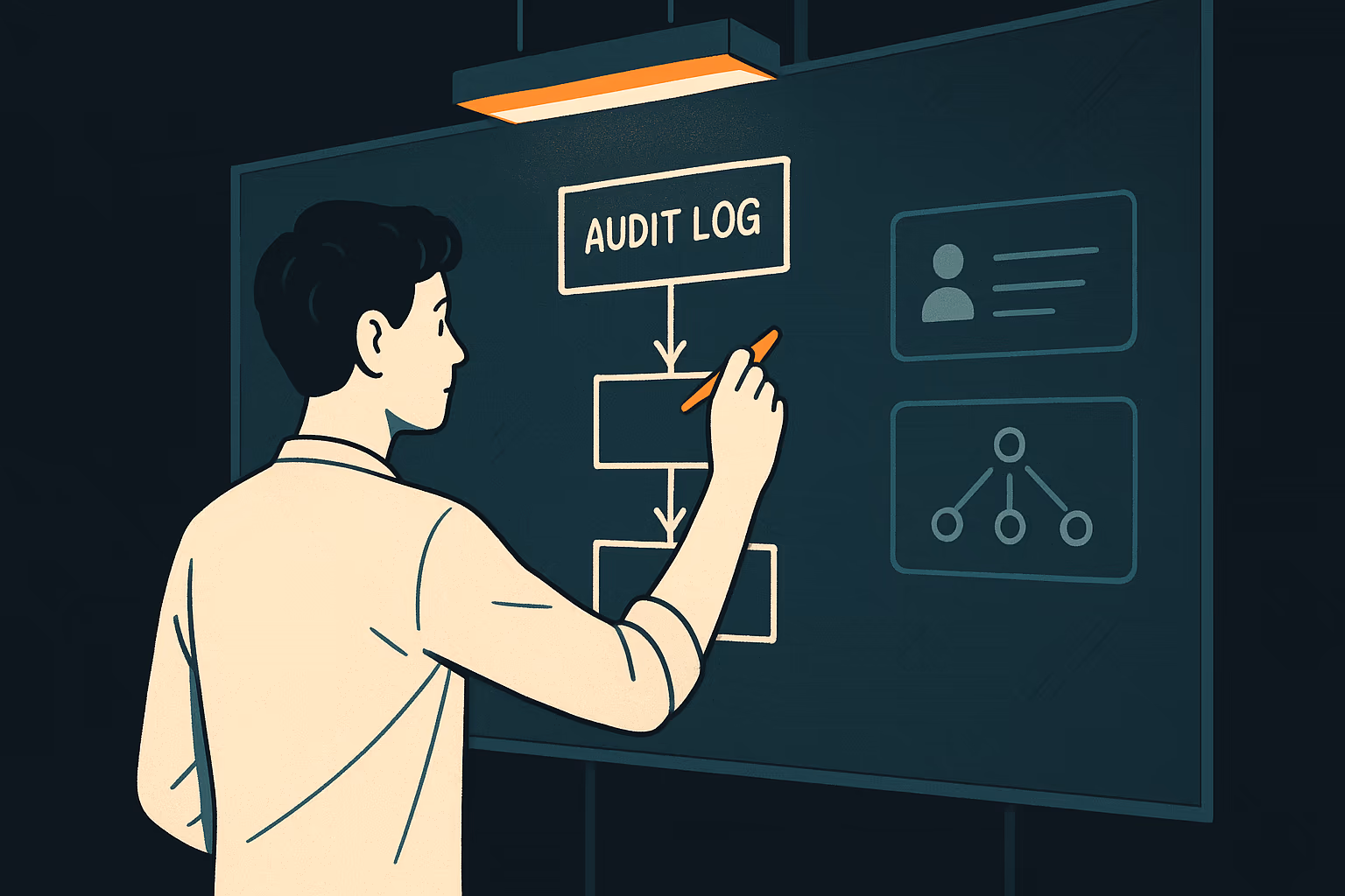 A junior developer at a whiteboard sketching audit log architecture with AI assistant suggestions floating nearby