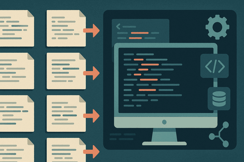 Illustration showing interconnected workflow nodes and code symbols transforming into streamlined processes.