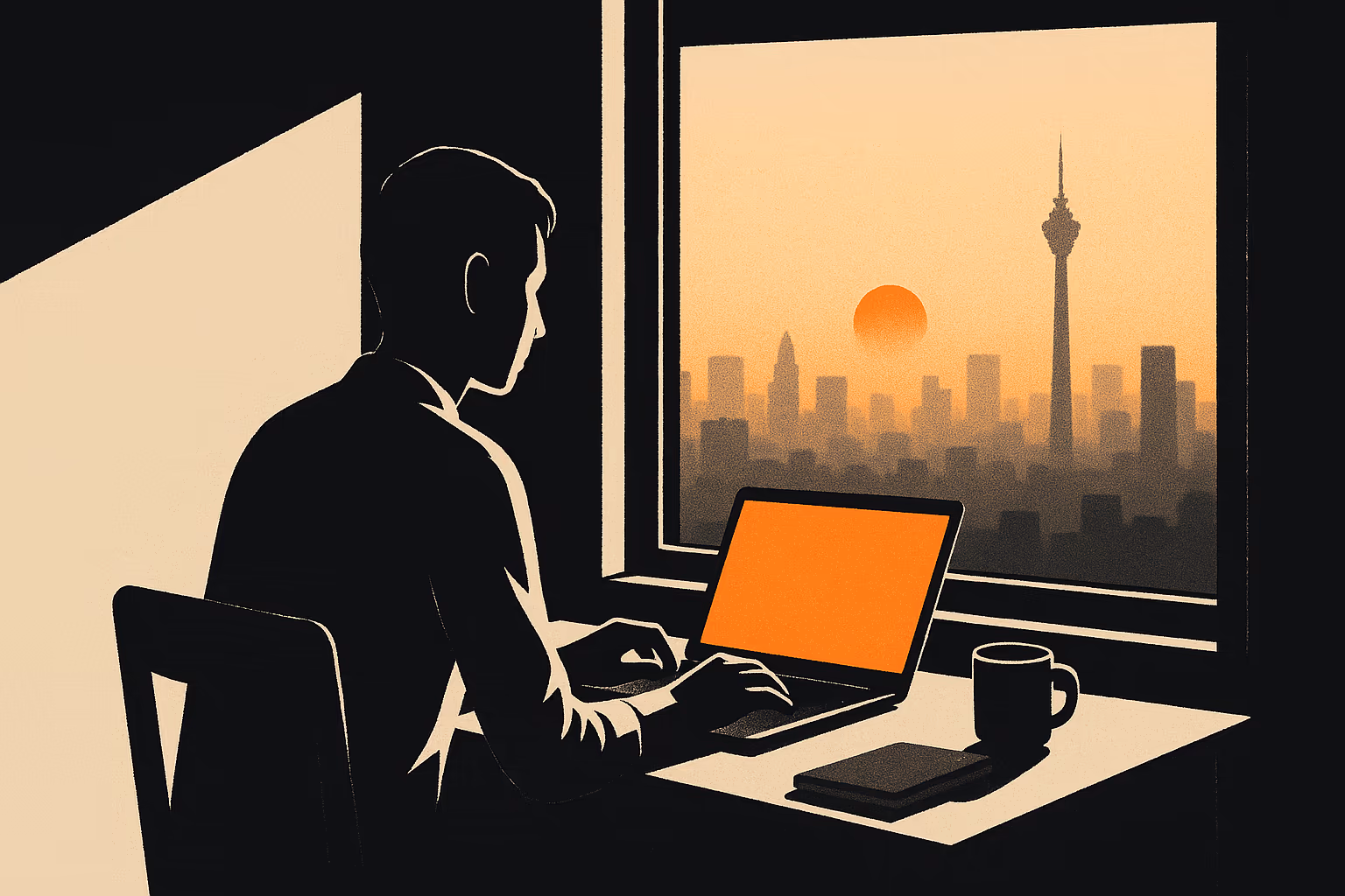 A single figure at a desk in a Southeast Asian high-rise apartment at dawn, working with AI on a laptop
