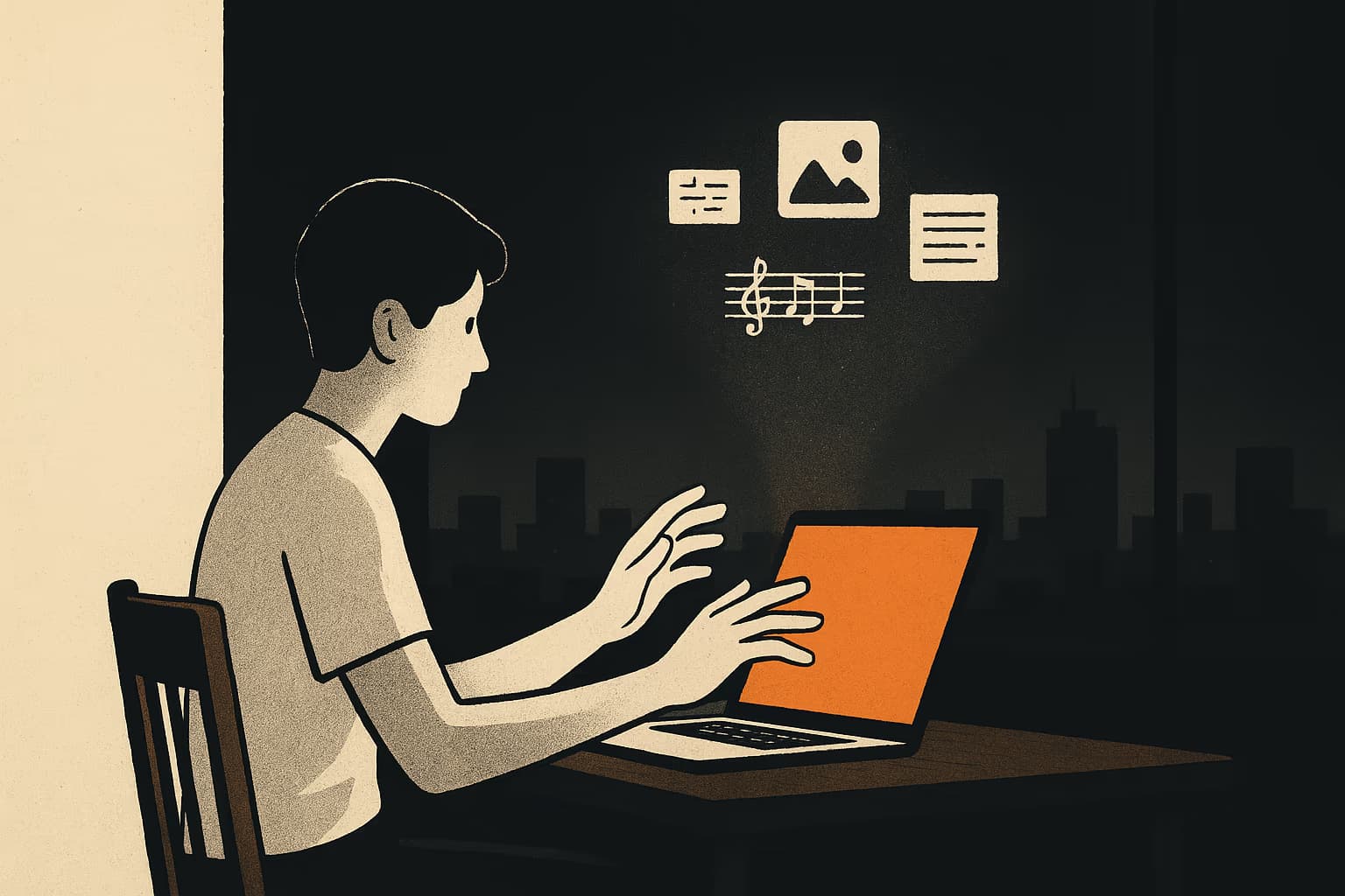 Editorial illustration of a person typing into a chat interface while words, images, and code stream out the other side, depicting generative AI as a tool that turns prompts into media.