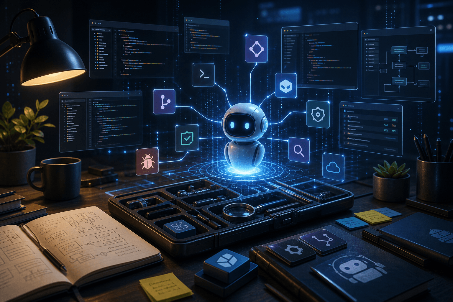 Digital illustration of interconnected coding nodes and AI pathways flowing across a modern workspace.