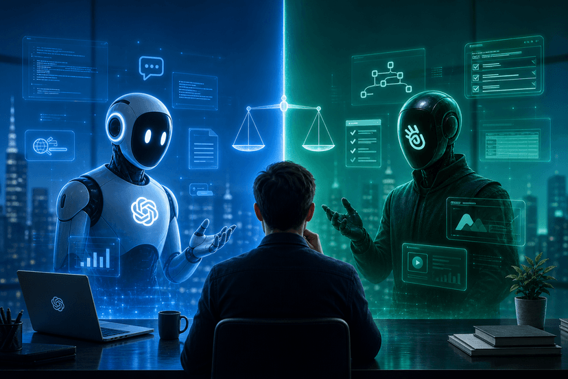 Two AI agents facing each other in a digital landscape, symbolizing comparison and competition in artificial intelligence.