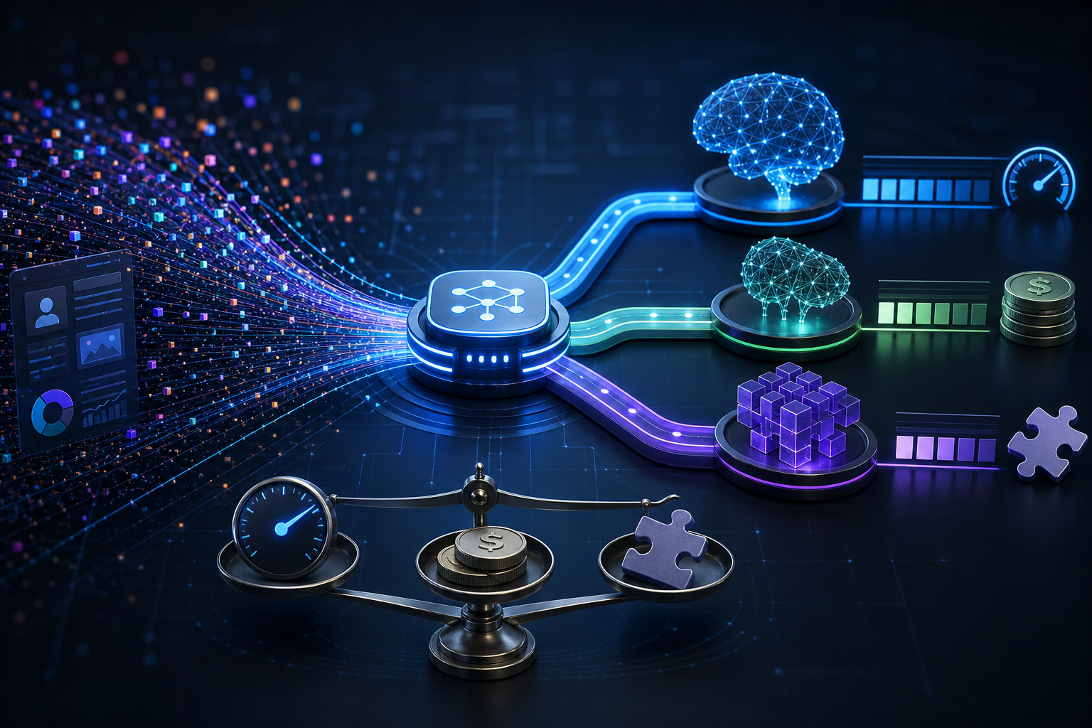 Abstract visualization of interconnected pathways and nodes representing AI model selection and optimization routes.