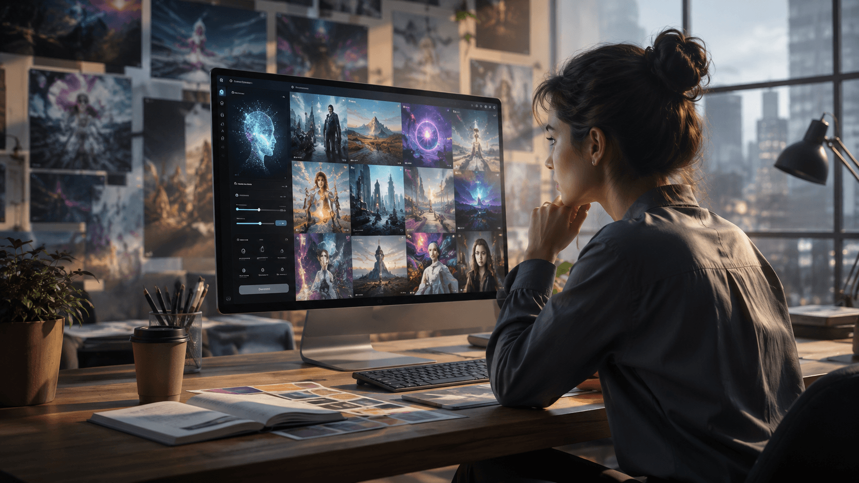 Futuristic workspace showing AI-generated visuals appearing on screens with digital light effects and creative tools.