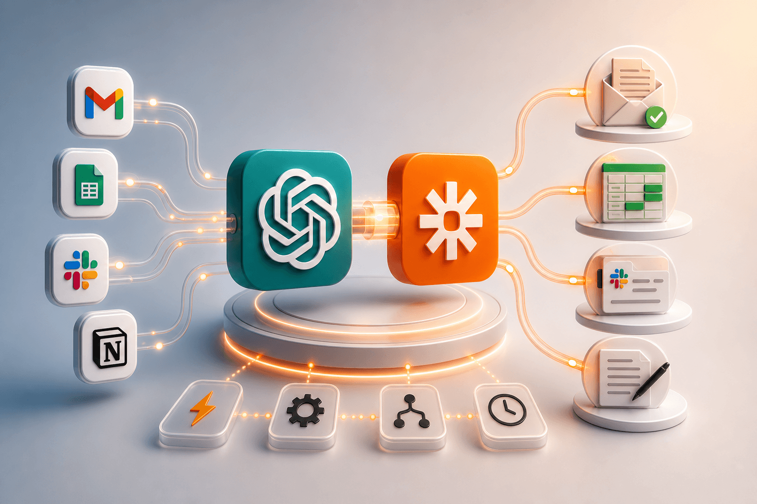 Digital workflow visualization showing interconnected automation nodes and AI technology integration.