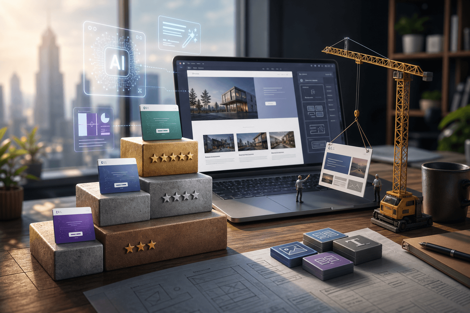 A digital illustration showing small business icons connected by glowing AI networks with clock elements symbolizing effic…
