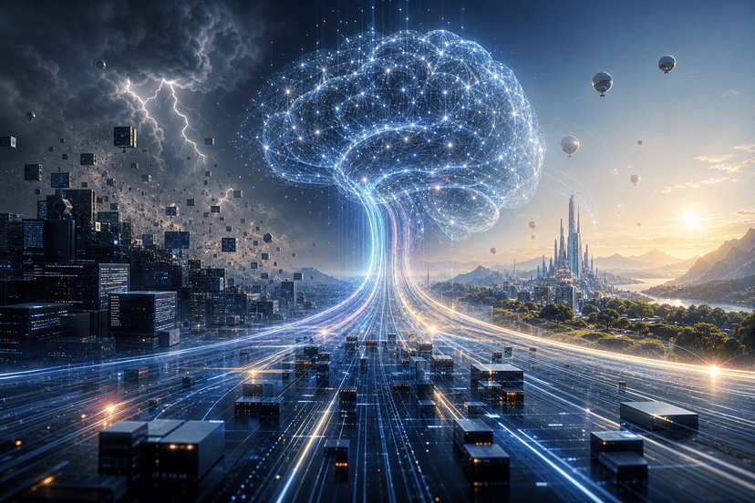 Abstract visualization of interconnected neural networks evolving through time, showing transformation and growth.