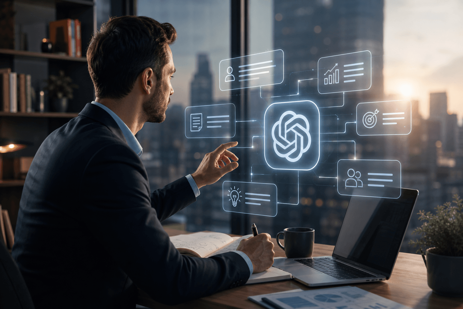 Confident sales professional using a laptop with glowing digital interface elements representing AI assistance and convers…