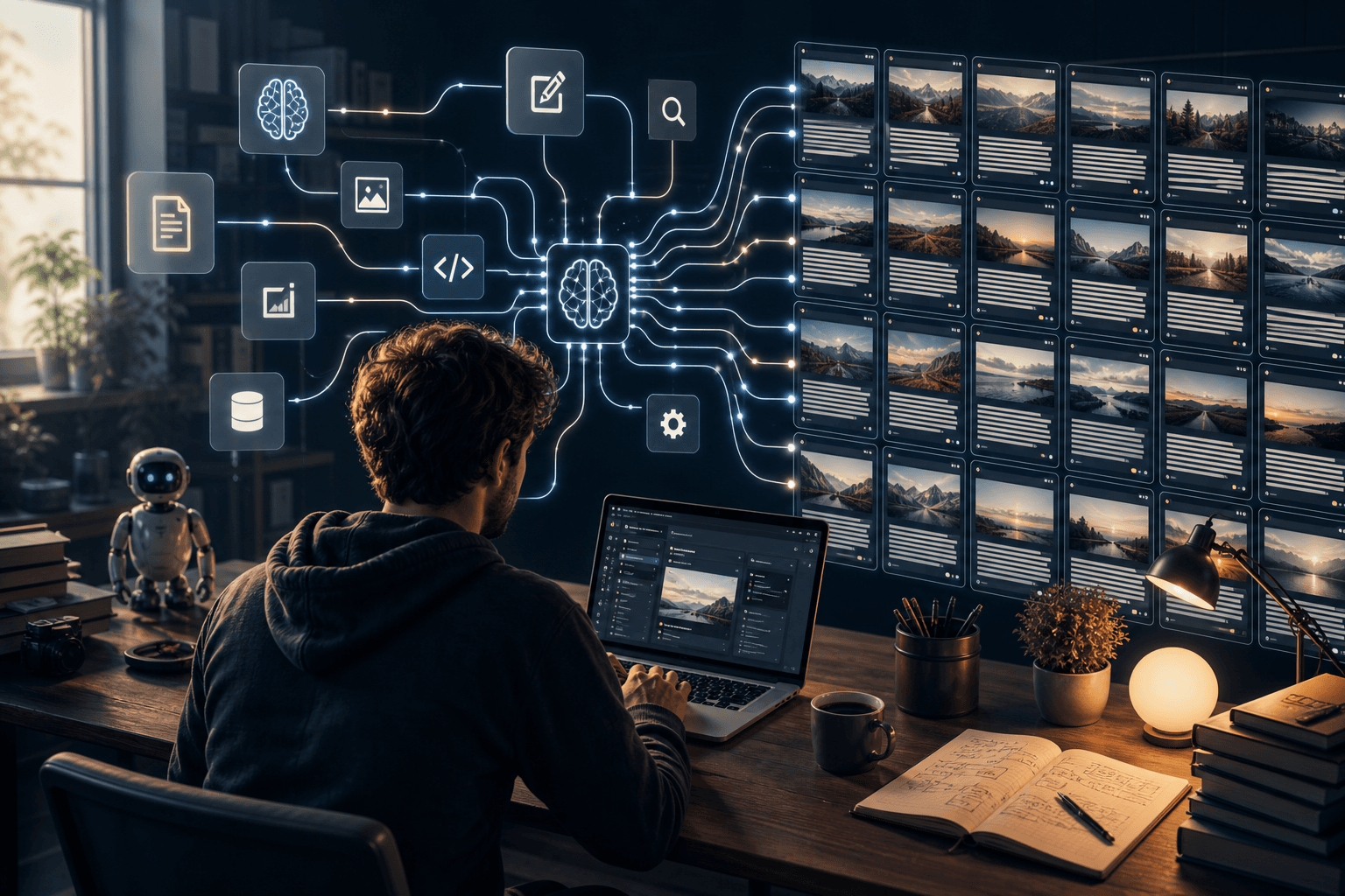 Illustrated concept of a single person surrounded by glowing AI tools and stacked papers representing rapid content creation.