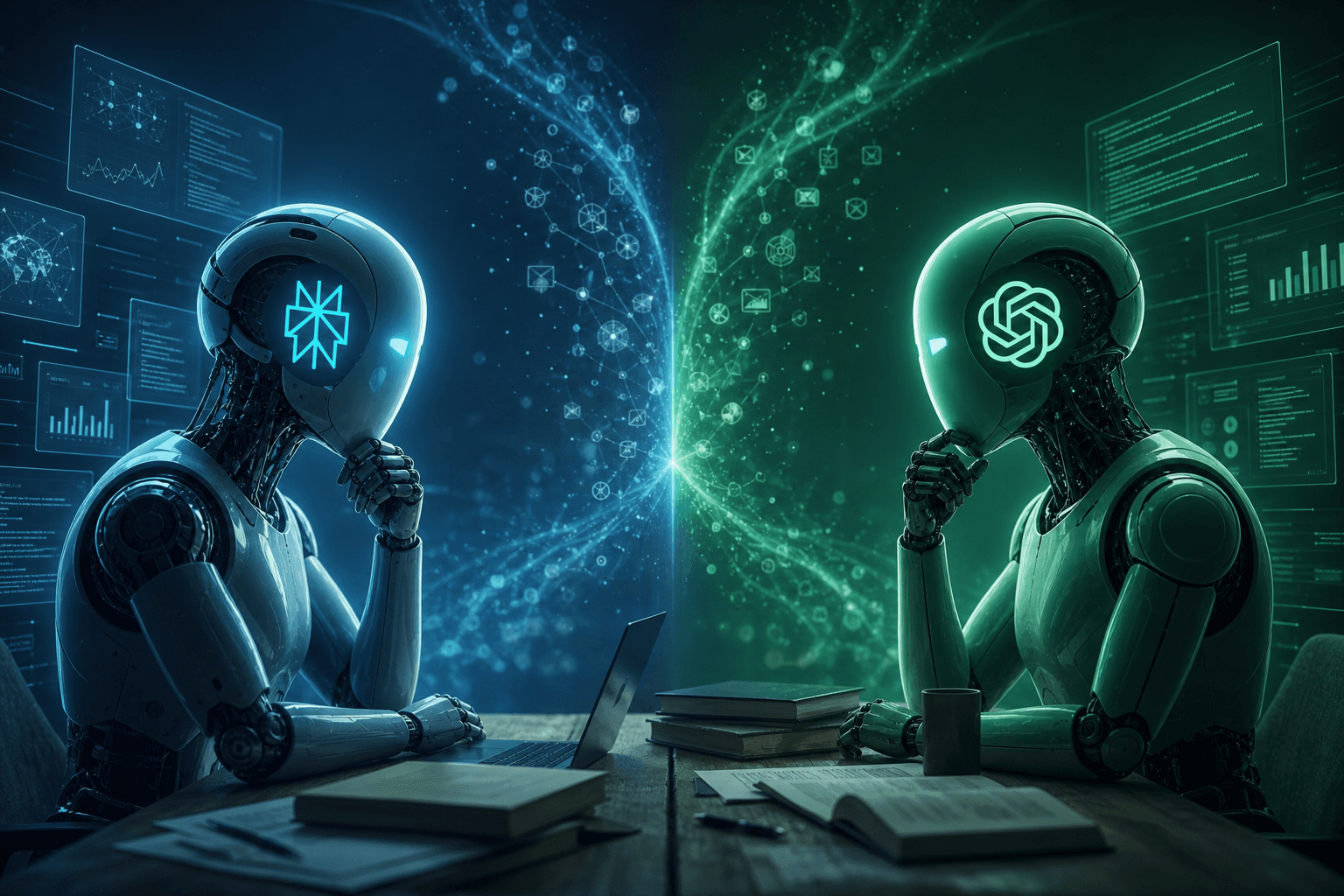 Two AI neural networks visualized as glowing digital spheres facing each other against a dark tech background.