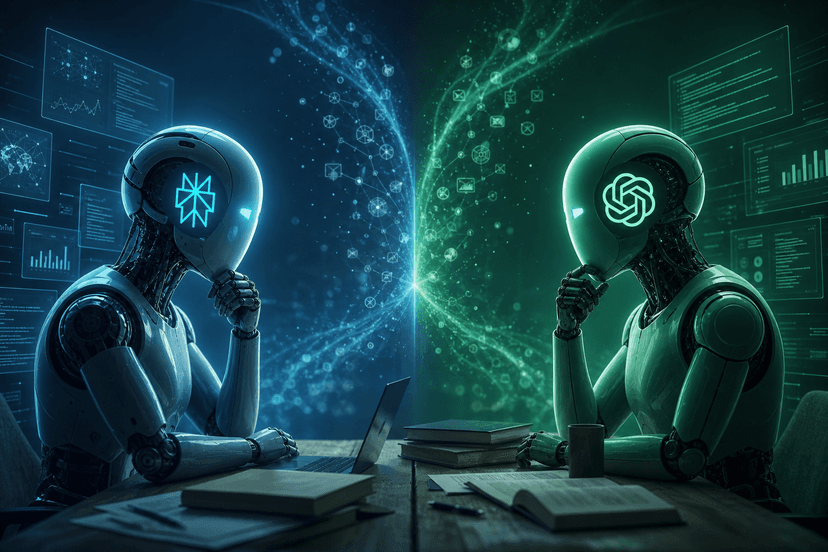 Two AI neural networks visualized as glowing digital spheres facing each other against a dark tech background.